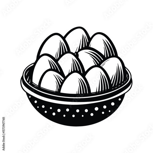 Black and white illustration of a bowl of eggs food