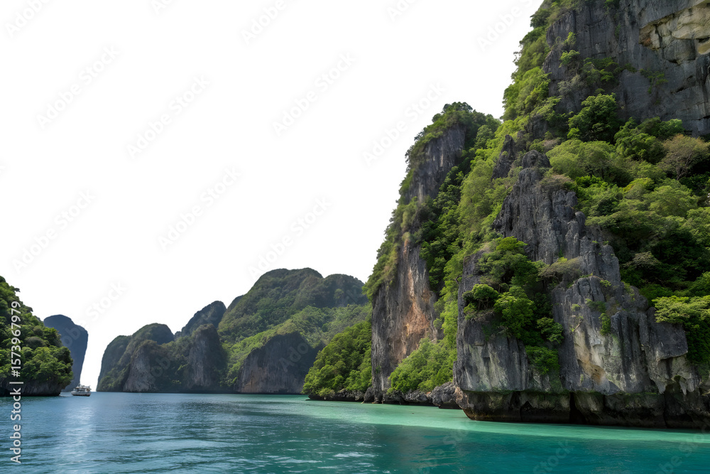 Obraz premium Emerald Isle's Serenity: Capture the tranquility of a breathtaking landscape, with towering cliffs draped in verdant foliage, as they majestically meet the placid turquoise waters.