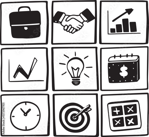 Business Icons: A collection of hand-drawn business icons are elegantly arranged in a grid, capturing the essence of professional operations.