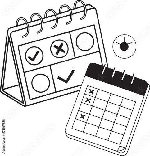 Planning and Schedule: Minimalist monochrome design of a calendar, check marks and a clock symbolizing organization, deadlines and planning, highlighting the essence of time management and scheduling.