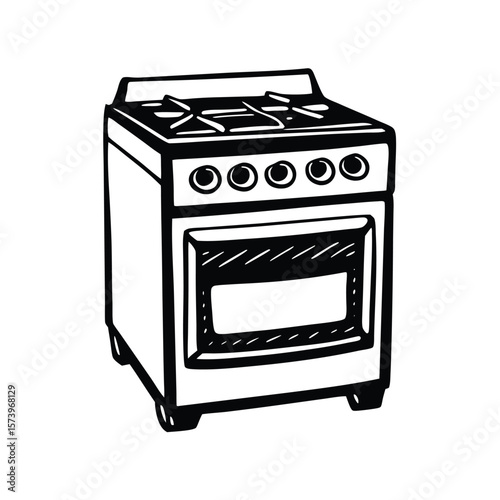 Black and white line drawing of a stove oven kitchen appliance