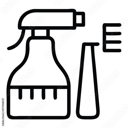 Simple black outline cleaning supplies icon depicting spray bottle and squeegee elements on white background