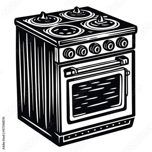 Black and white stove with oven and four burners kitchen appliance