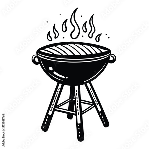 Black barbecue grill with flames cooking food