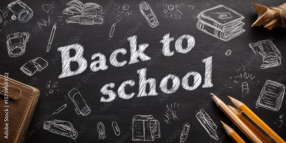 Creative back to school concept with stationary items and chalkboard in a classroom setting Creative back to school concept with stationary items and chalkboard in a classroom setting