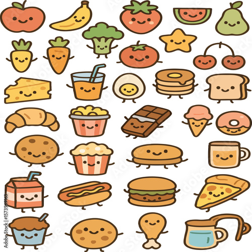 Funny cartoon food characters vector set, including cake, coffee, bread, hamburger, and pizza illustrations, perfect for breakfast or fast-food restaurant designs