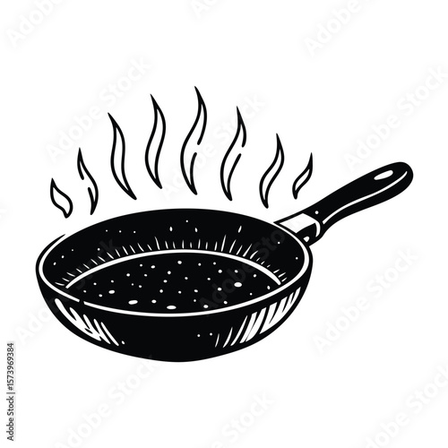 Black frying pan with steam black and white cooking
