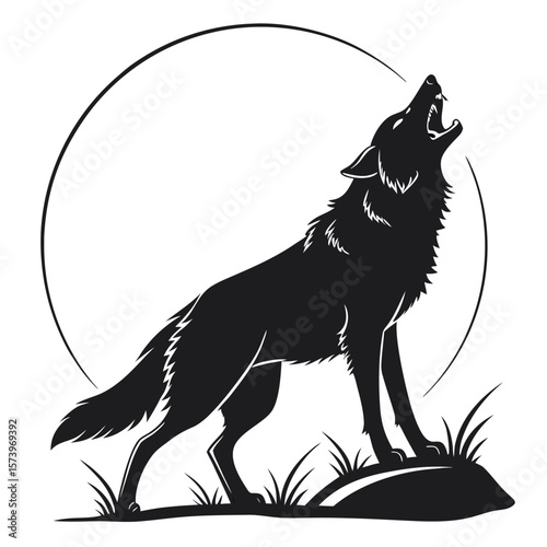 Black Wolf Silhouette Howling at the Moon Vector Graphic