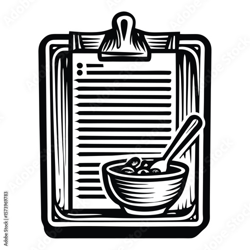 Clipboard with recipe and bowl of food spoon
