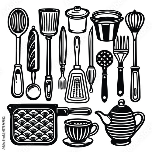 Kitchen utensils and cookware collection black and white