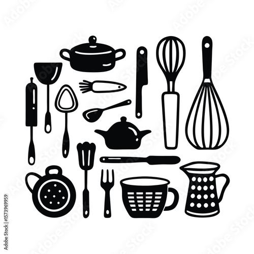 Kitchen utensils collection black and white kitchenware