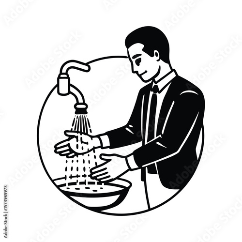 Man washing hands under faucet black and white line art