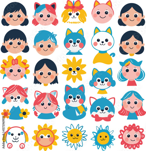 Funny vector cartoon seamless pattern with cute smiling faces of baby animals and happy children