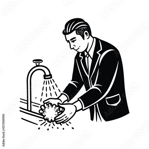 Man washing hands under faucet water