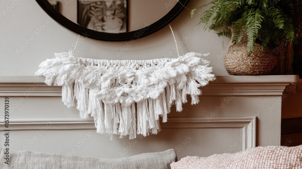 Obraz premium Bohemian macramé wall hanging with white tassels in cozy living room decor