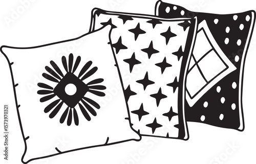 Decorative Trio: A collection of three pillows with unique patterns. Designed in a simple, graphic style, these cushions add flair.