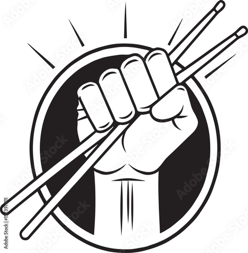 Rhythm's Grasp: A bold monochrome illustration of a clenched fist, holding a pair of drumsticks with dynamic flair. The iconic emblem conveys passion, rhythmic energy and musicality.