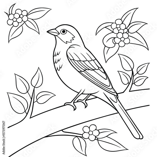 Line Art Bird on Branch with Flowers Coloring Page