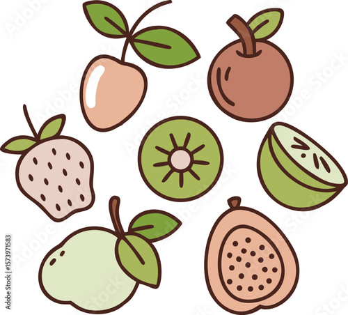 Whimsical fruit illustrations featuring apple strawberry kiwi guava and pear vector