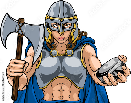 Photography A female viking woman ice hockey sports team cartoon mascot