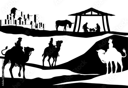 A Christmas nativity scene with baby Jesus in the manger, wise men and city of Bethlehem in the background