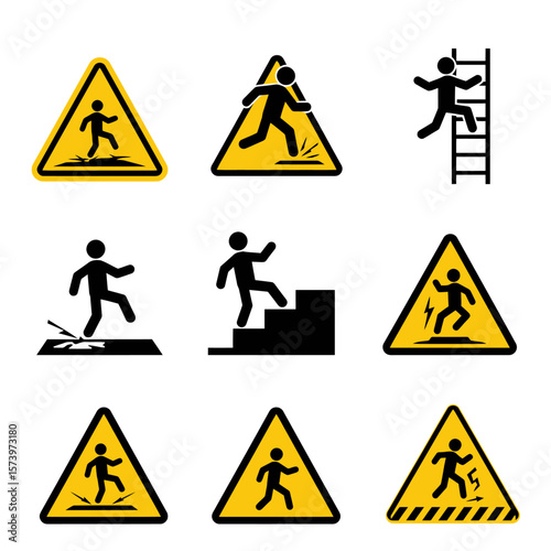 A collection of hazard warning signs depicting various accidents like slipping, falling, electrocution, and ladder use.