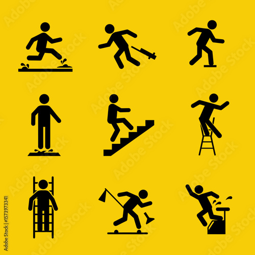 Safety icons depicting various workplace accidents and hazards, including slips, trips, falls, and ladder use.