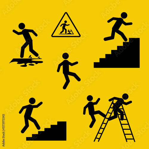 Pictograms depicting various accident scenarios: slipping, falling down stairs, tripping, and falling off a ladder, displayed on a yellow background.