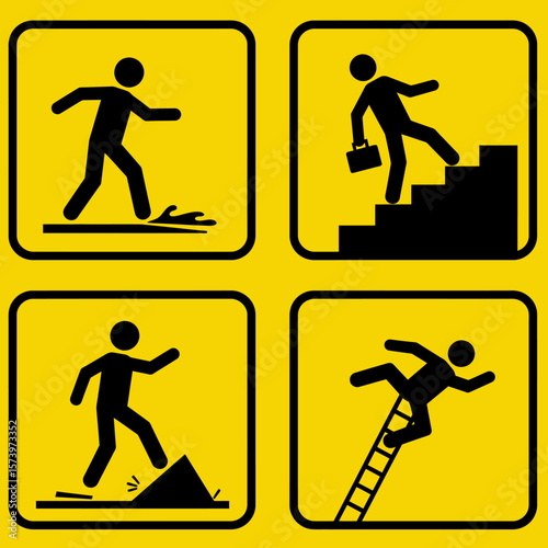 Four safety pictograms depict potential workplace hazards: slipping on wet floor, tripping on stairs, stumbling on uneven ground, and falling from a ladder.