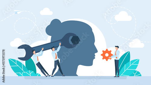 Photos Silhouette of a woman head with a wrench tool and nut