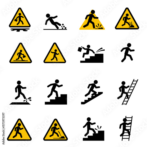 Safety warning signs depicting various slip, trip, and fall hazards in the workplace.