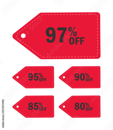 Collection of red sale tags featuring percentage discounts off