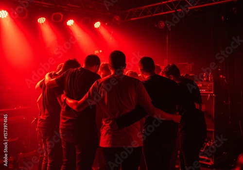Bandmates Huddle in Red Stage Light