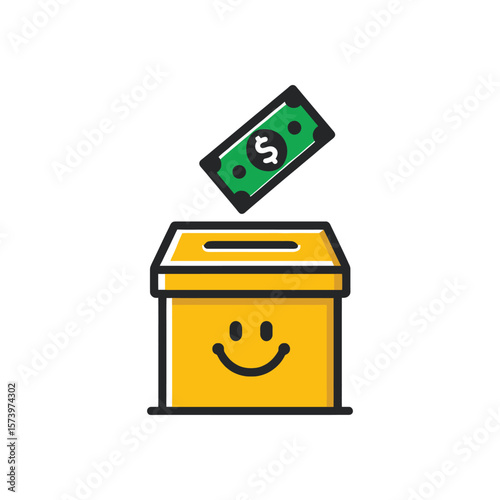 Donation box vector icon with a dollar bill. Money being put into a yellow charity container with a happy face. Concept of giving fundraising and support
