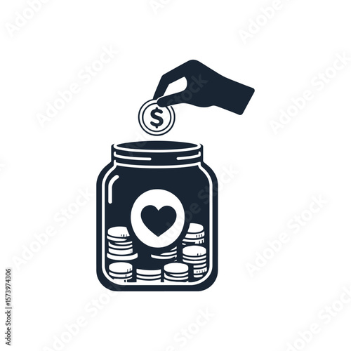 Hand putting a dollar coin in a donation jar with a heart symbol. Charity and fundraising concept. Vector silhouette icon for philanthropy and community support