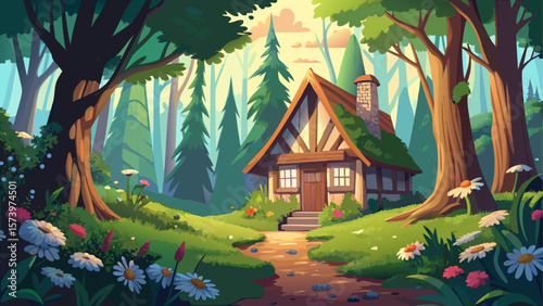 A cozy woodland cottage nestled in an idyllic forest clearing, surrounded by blooming daisies and tall trees. Soft sunlight filters through the canopy, creating a peaceful