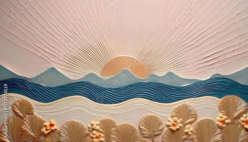 Vibrant claymation relief sculpture showcasing a serene sunset over gentle waves with floral accents on the foreground