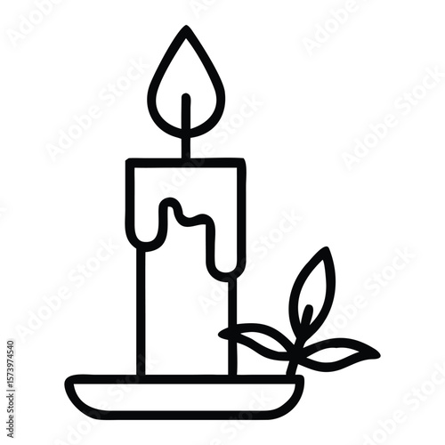 Vector illustration of a lit candle with a leafy element in black and white