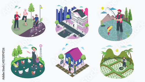 Diverse Scenes of Daily Life, Seniors Exercising, City Building, Fishing, Chicken Feeding, Home Realtor, Rice Farming.