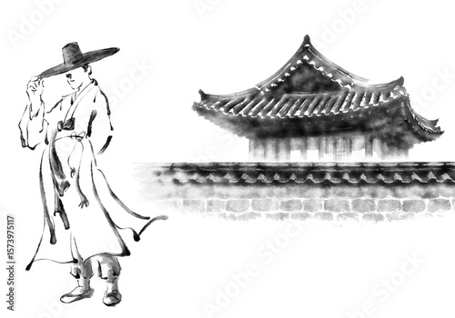 한국의 전통 가옥인 한옥을 주제로 한 다양환 풍경을 수묵화 기법으로 그린 손그림 일러스트.