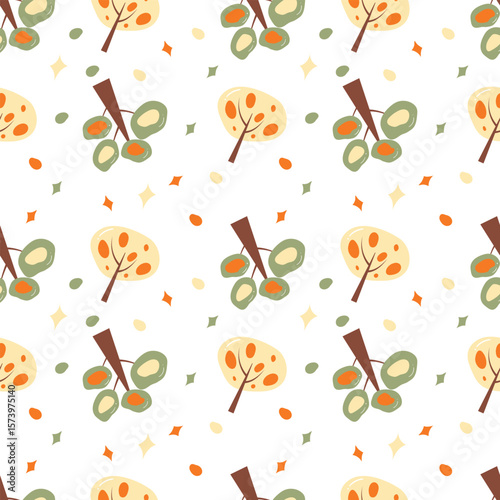 Trees on a white stripe background. Autumn seamless pattern for clothing, fabric, wallpaper, backdrop, home decoration, cover book, and wall art.