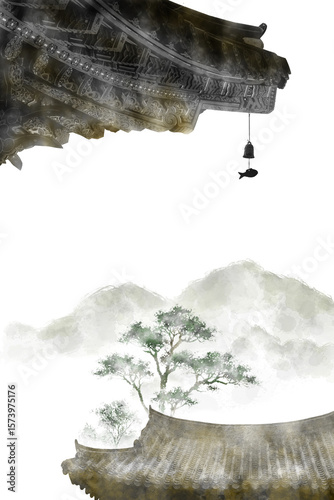 한국의 전통 가옥인 한옥을 주제로 한 다양환 풍경을 수묵화 기법으로 그린 손그림 일러스트.