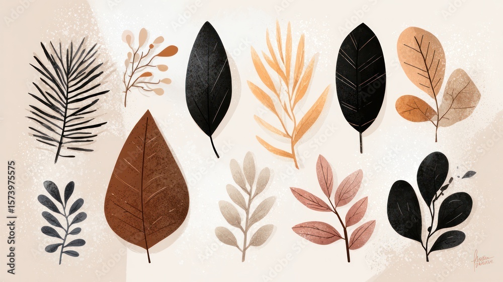 Obraz premium Stylized illustration of various isolated leaves and branches on a light-beige background