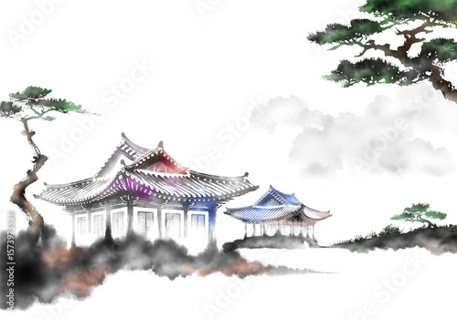 한국의 전통 가옥인 한옥을 주제로 한 다양환 풍경을 수묵화 기법으로 그린 손그림 일러스트.
