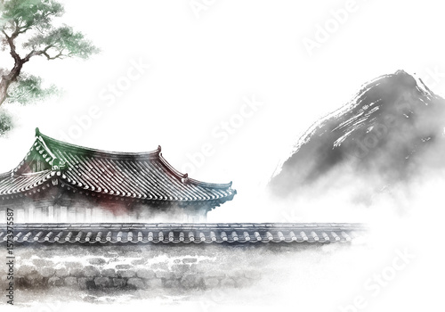 한국의 전통 가옥인 한옥을 주제로 한 다양환 풍경을 수묵화 기법으로 그린 손그림 일러스트.