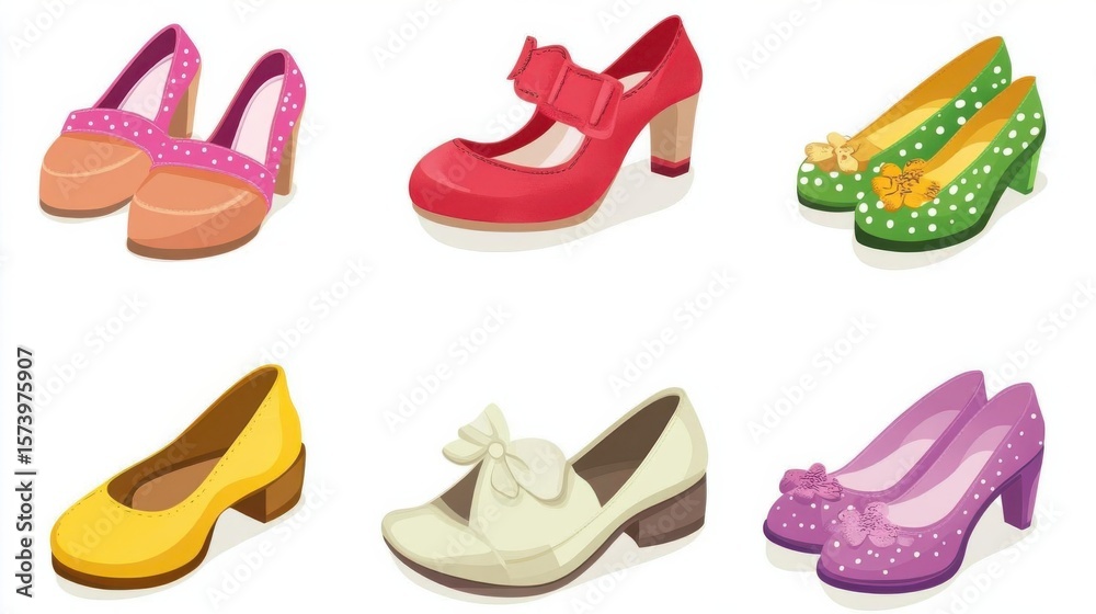Fototapeta premium Cartoon shoes illustration showing colorful shoe designs over white background