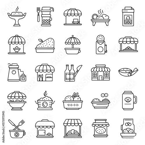 Collection of street food and food stall outline icons. Various dishes, meals, and dining experiences. Culinary culture.