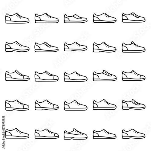 Set of shoe outline icons. Various sneakers, casual footwear, and athletic shoe symbols. Fashion and sports.