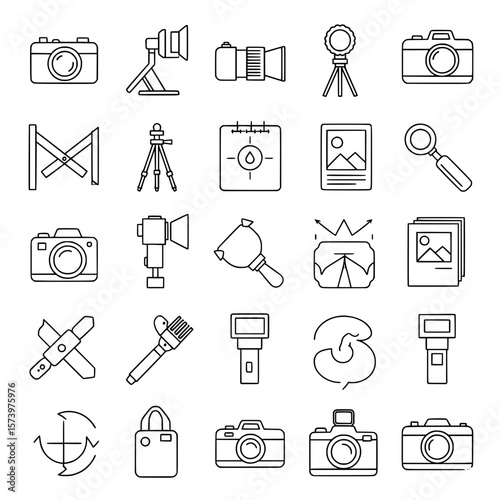 Collection of photography outline icons. Cameras, tripods, lighting, and photo accessories. Creative photo studio.