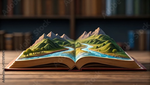 National Book Lovers Day A pop-up book depicting mountains and a river on a wooden table.